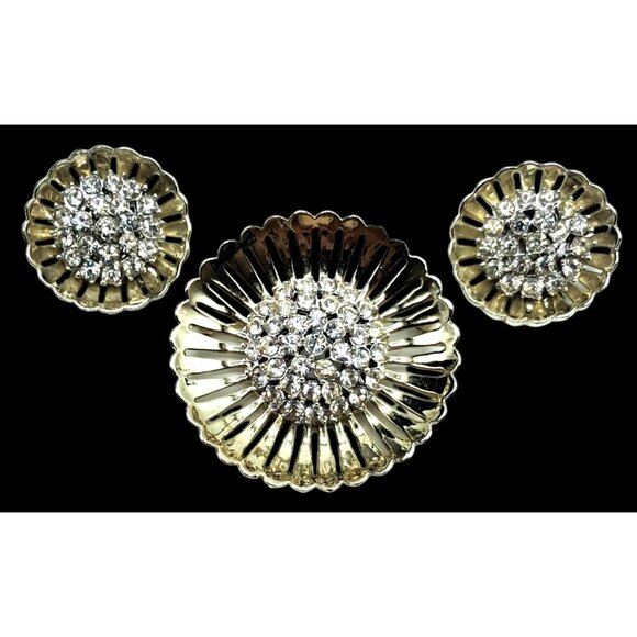 Weiss Rhinestone Brooch Earrings Jewelry Set Gold Tone Clear Stones Vintage Cost - Picture 1 of 11